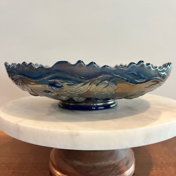 Vintage Fenton Cobalt Blue Leaf Chain Carnival Glass Bowl w/ Bearded Berry Back - Picture 9 of 9